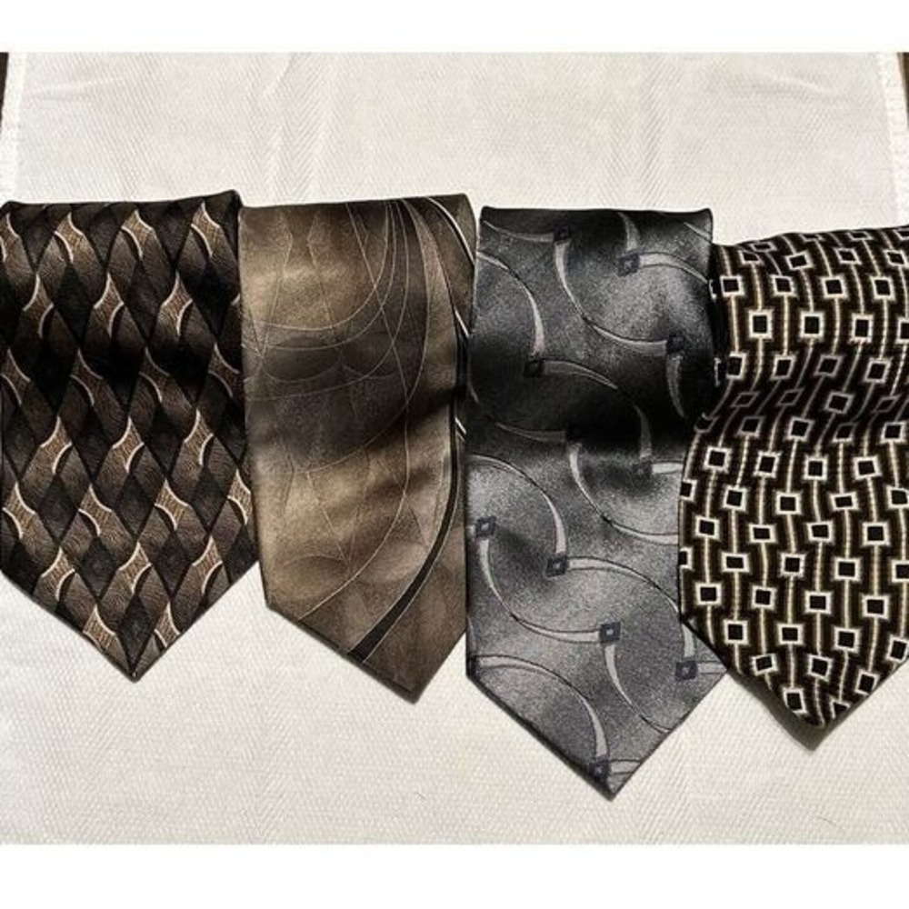 J. FERRAR made in USA 100% Silk Tie Men's Brown Gray Geometric Necktie  Lot Of 4